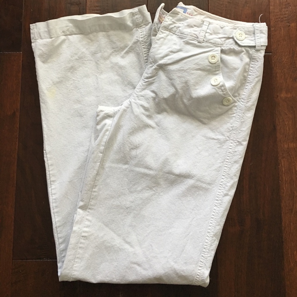 White and blue pinstripe pants