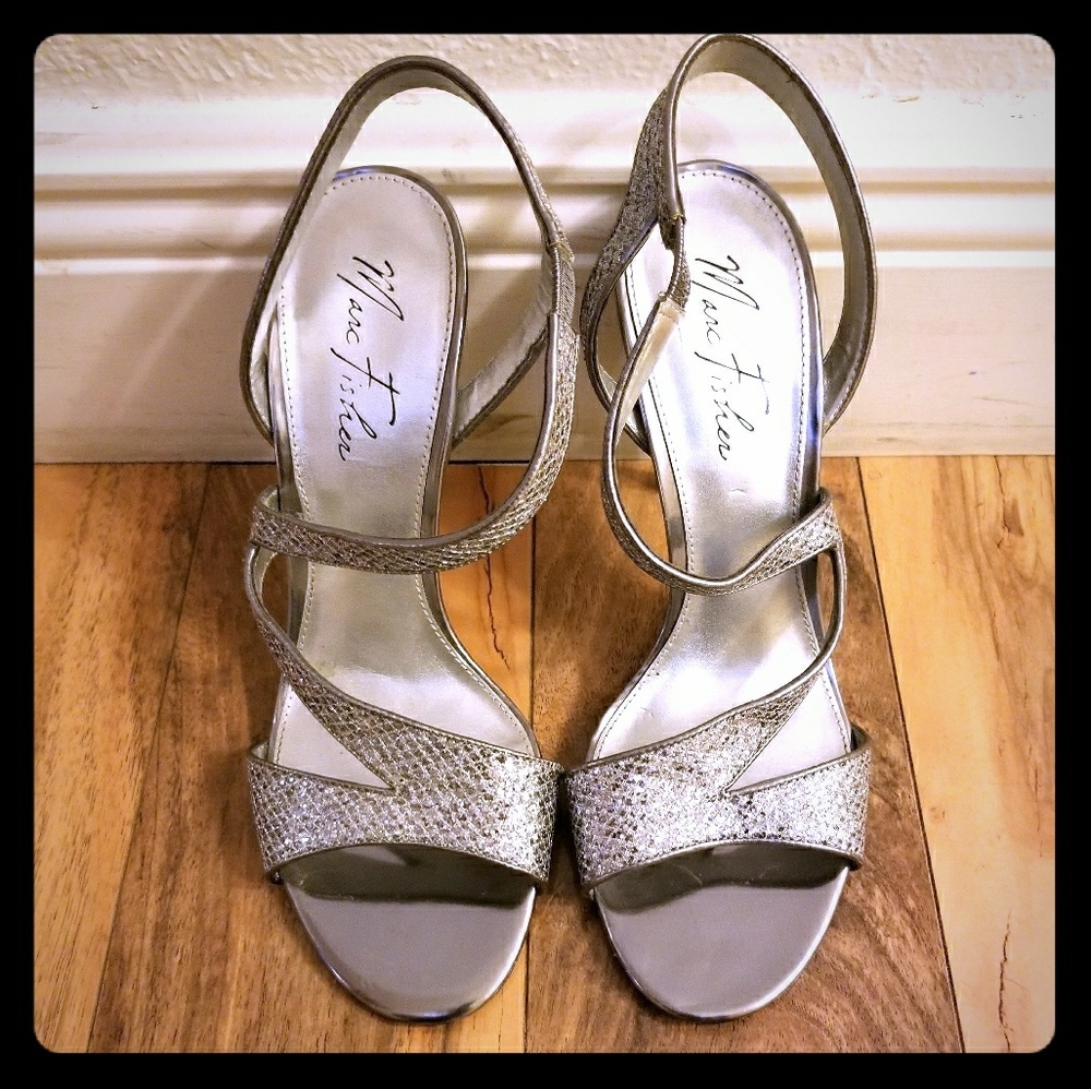 Dark silver open toe heels