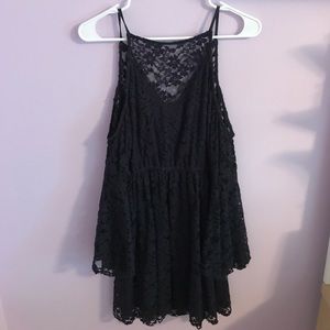 long sleeved, off the shoulder navy floral dress