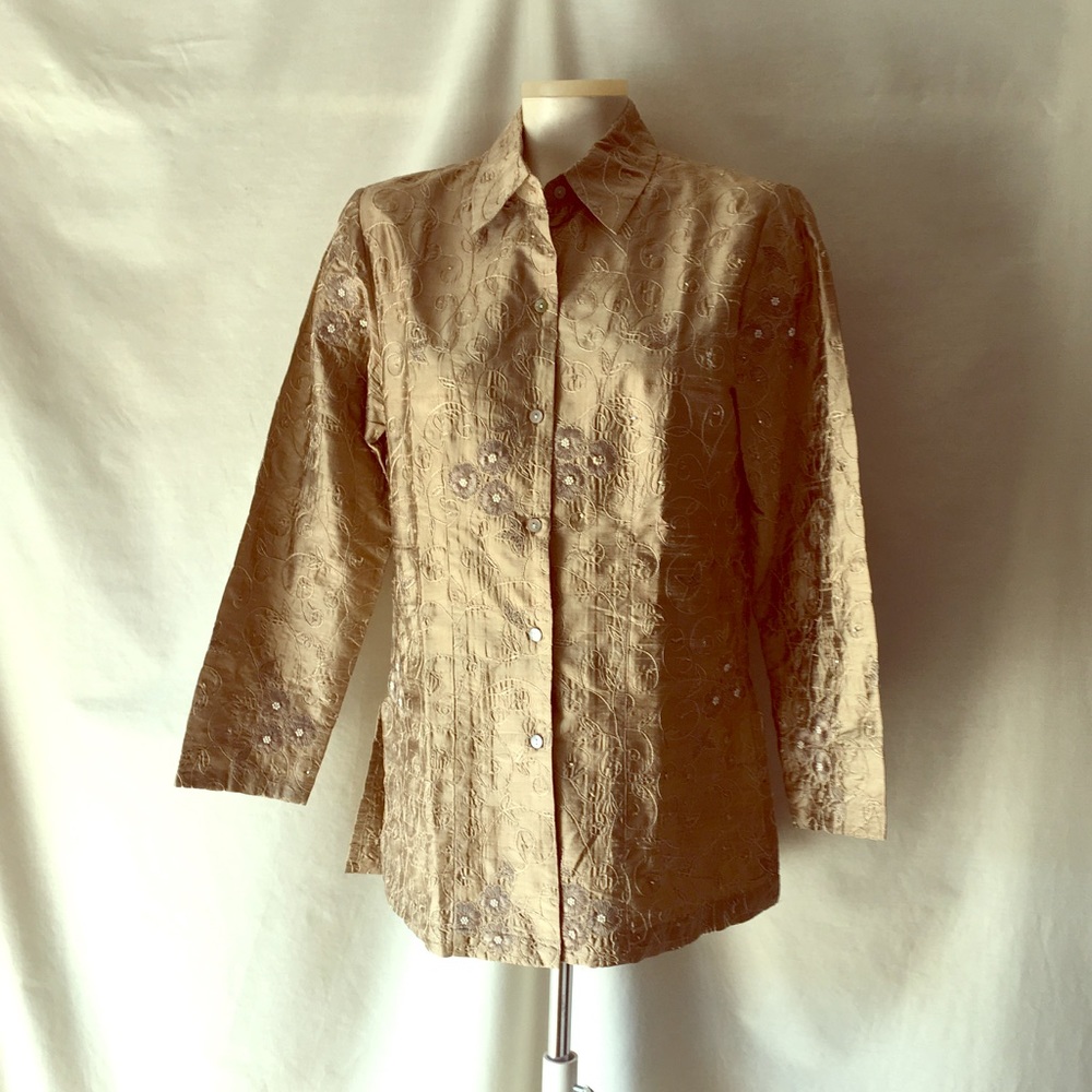 Chico's Gold & Pearl Silk Tunic Blouse.= Sz 8