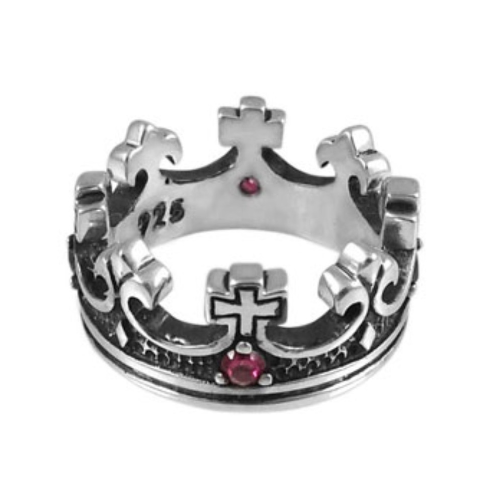 925 Sterling Silver Oxidized Crown W Red CZ Ring