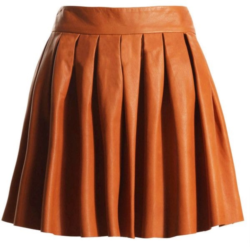 Alice + Olivia Pleated Leather Skirt in Cognac