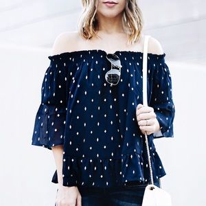 Navy & Gold Off-The-Shoulder Blouse