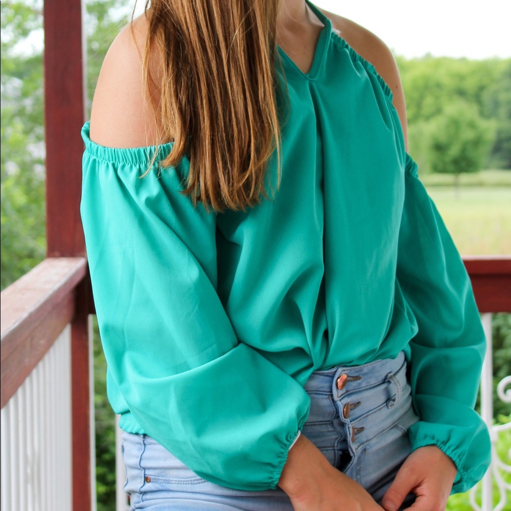 Cute green over the shoulder top