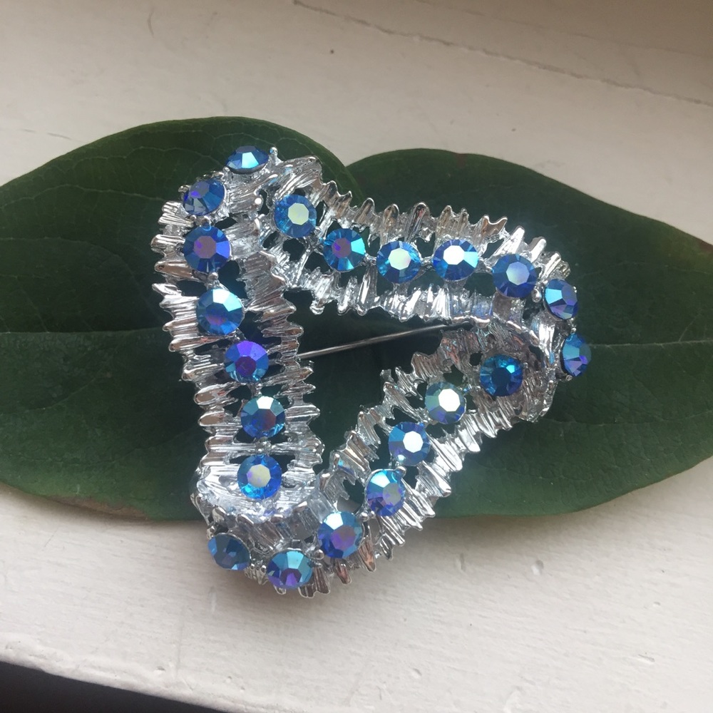 Vintage Blue Silver Rhinestone Brooch