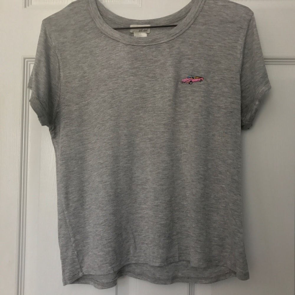 Gray Babydoll Top with Pink Car Embroidery