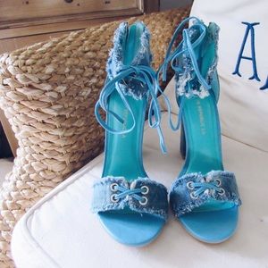 Shoe Republic LA Denim Open Toe Heels