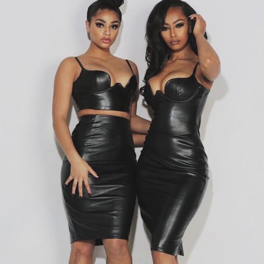 Black fitted faux leather midi dress