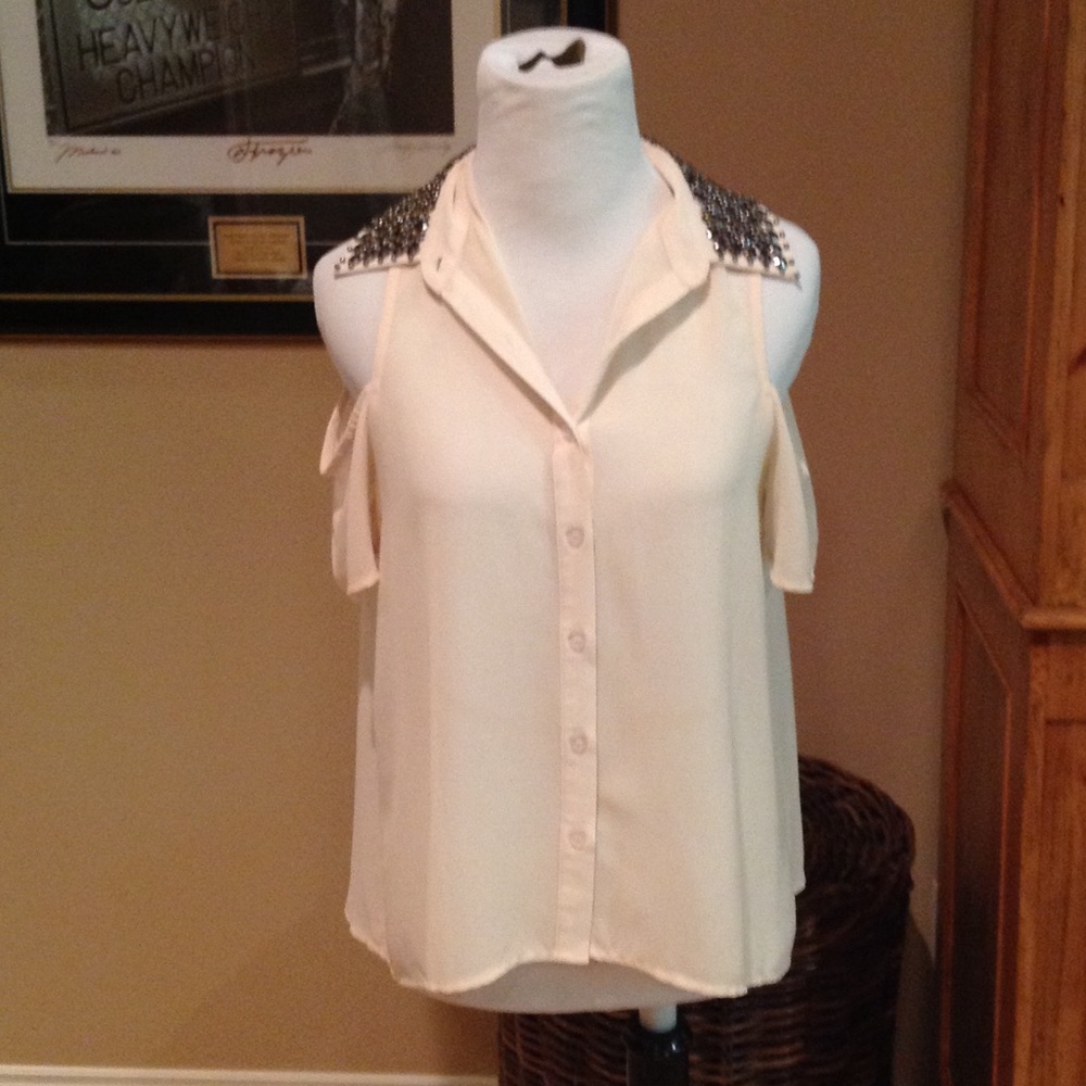 Cream Cut-Out Shoulder Button-Down Sheer Blouse