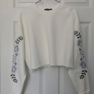 White Sweatshirt with Floral Embroidery Detail