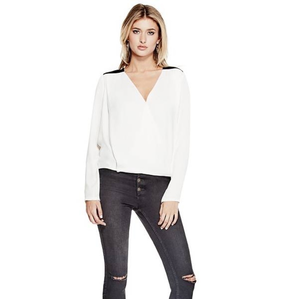 GUESS Glenda Drapey Low V-Neck Long Sleeve Top
