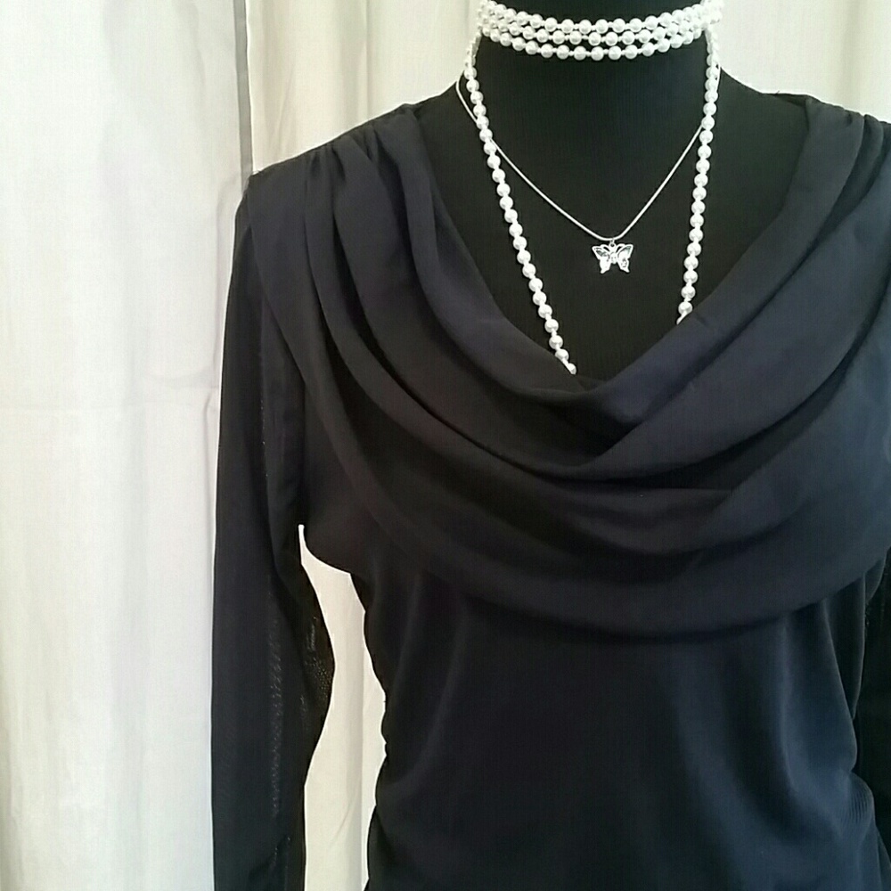 Black Mesh Drape Neck Blouse. Sz S/M (AML) - Picture 2 of 8