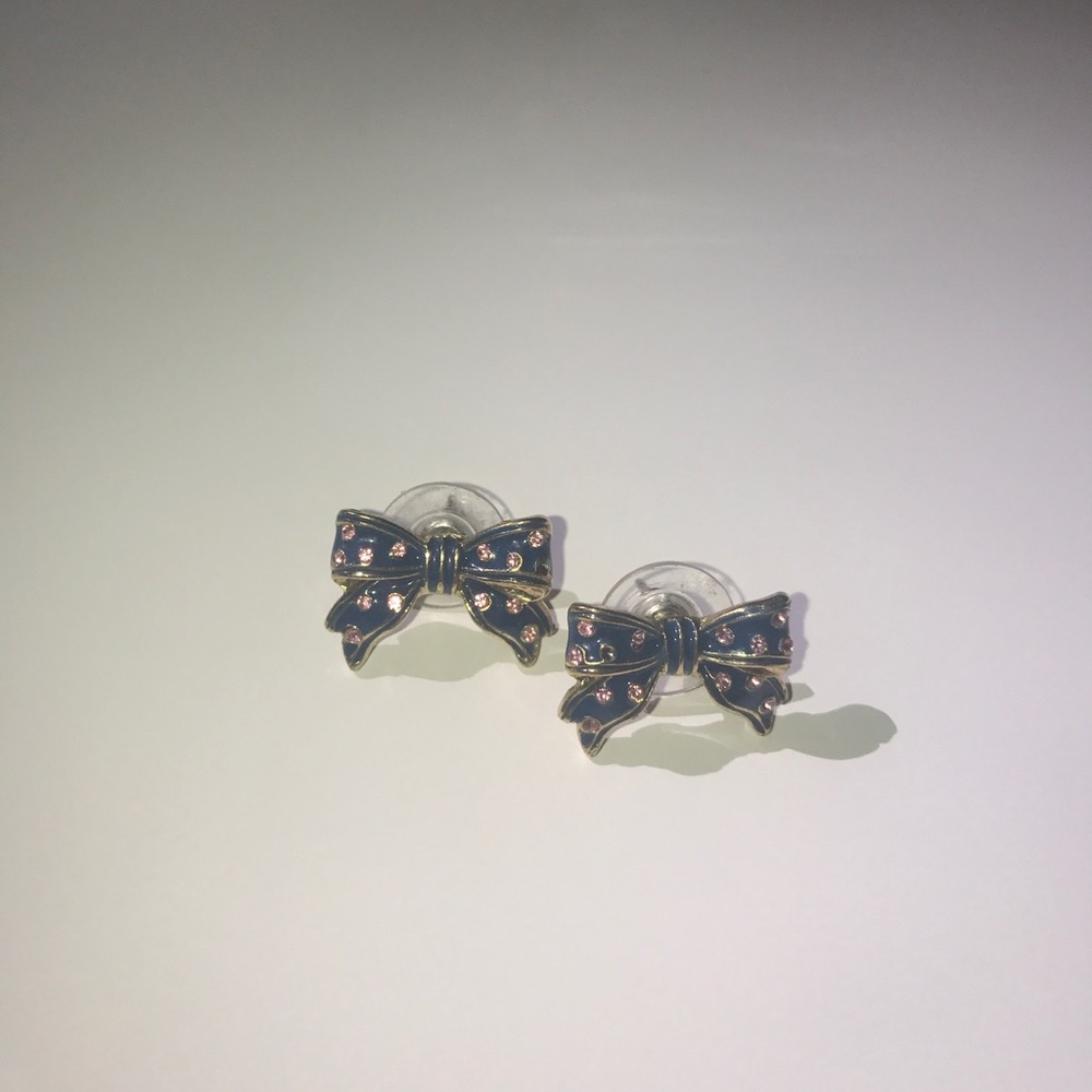 blue Bow Earrings with pink rhinestones