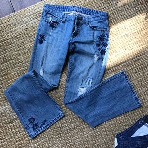 A&E distressed embroidered bootcut jeans