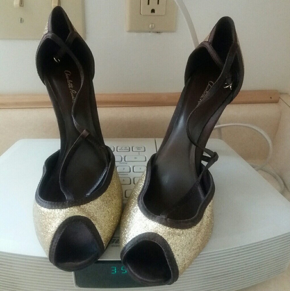 Gold & tan peep toe heels 8