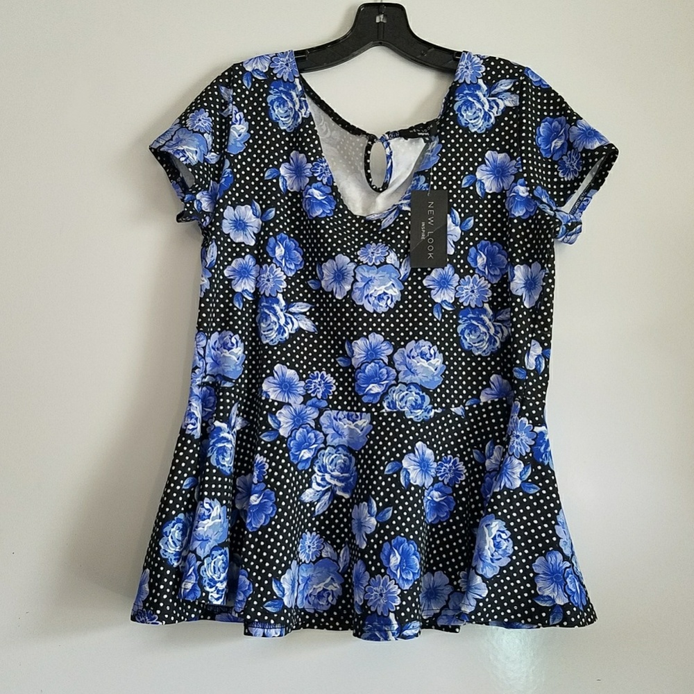 Blue Floral Print Peplum Top