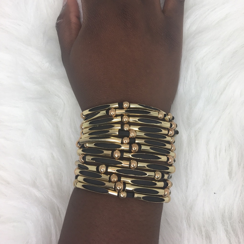 Elegant Gold and Black Beaded Wide Bracelet