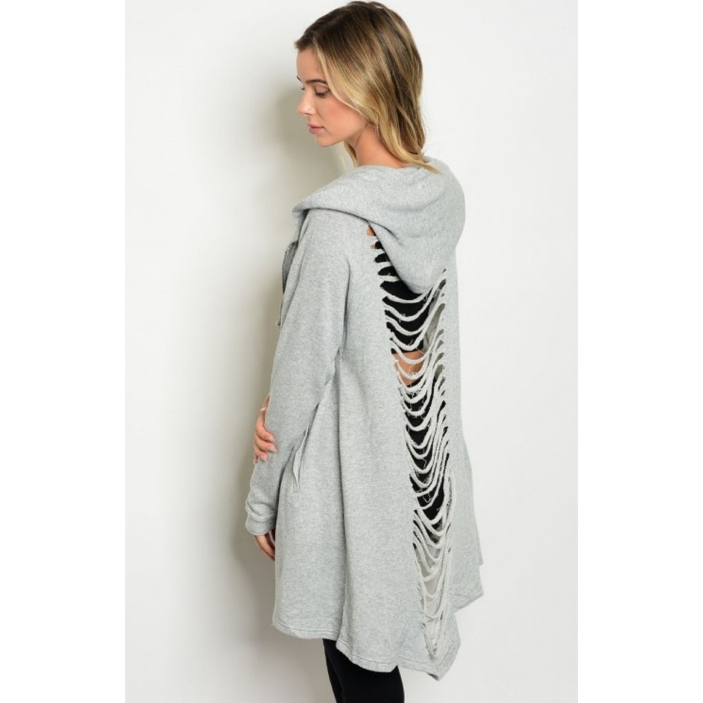 Tunic length ripped ladder sweatshirt hoodie grey - Picture 2 of 6