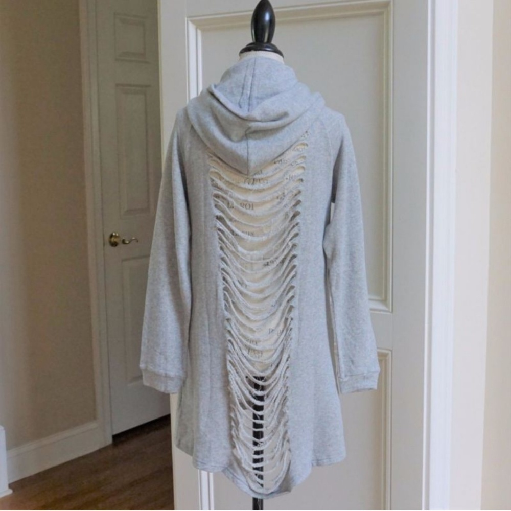 Tunic length ripped ladder sweatshirt hoodie grey - Picture 5 of 6