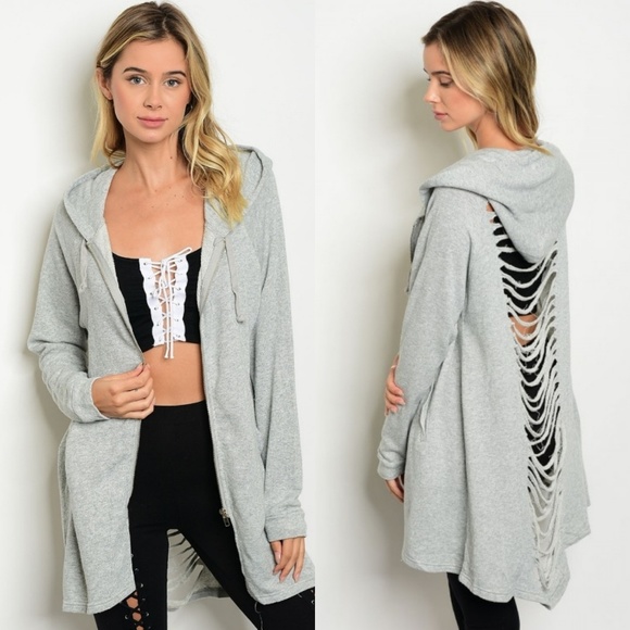 Sofi + Sebastien Tops - Tunic length ripped ladder sweatshirt hoodie grey