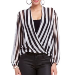 Bebe Black and White Crossover Blouse