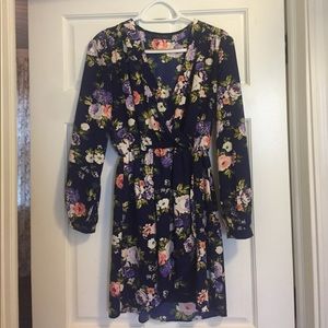 Navy blue floral print wrap dress