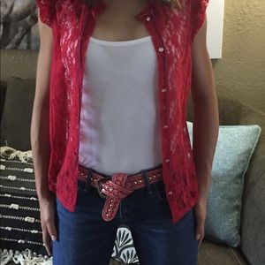 Free People Red Lace Top Medium