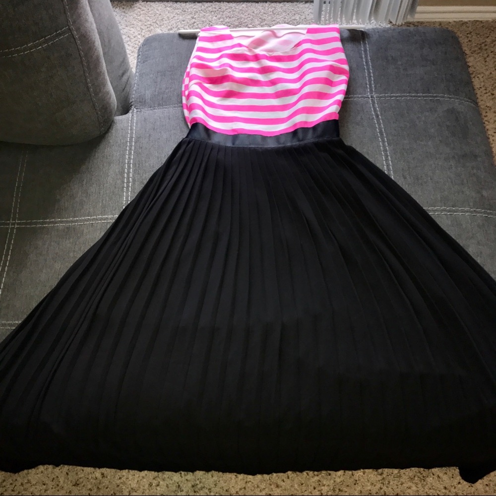 Pink and white striped pleated maxi dress