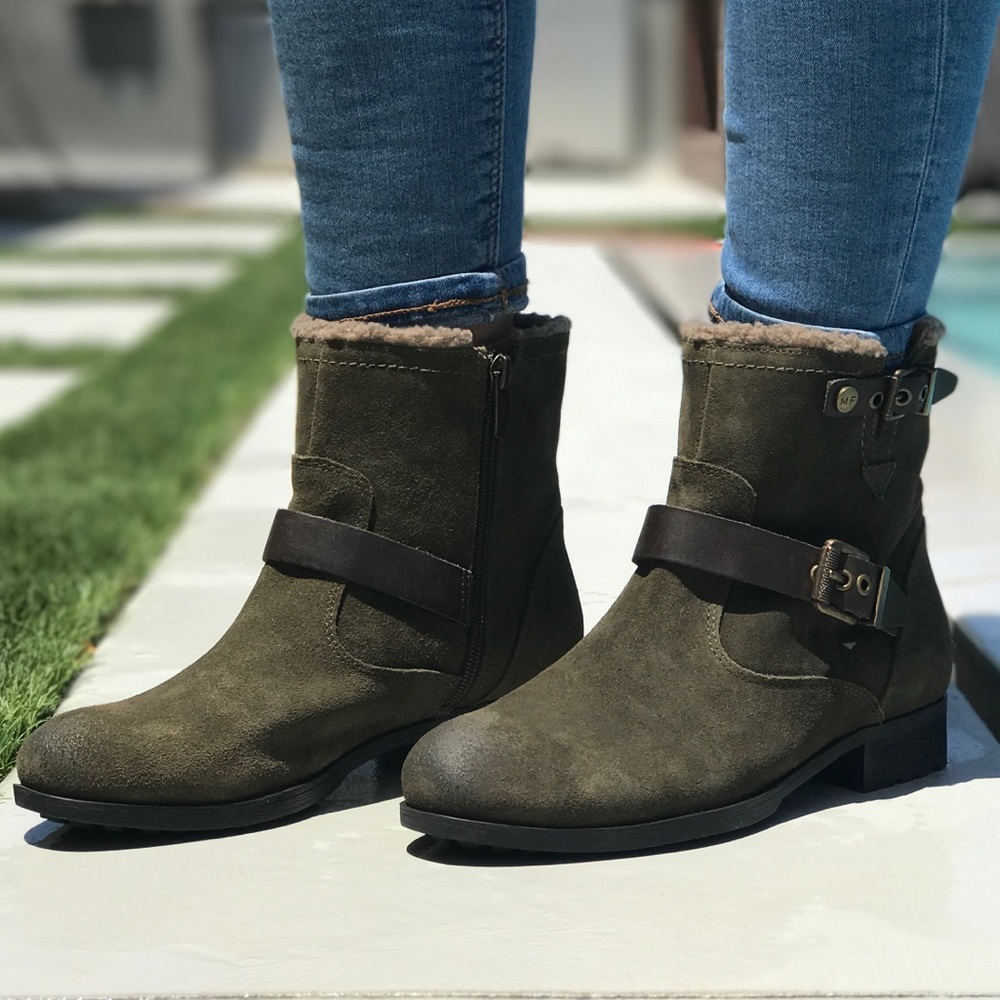 Olive Green Shearling Lining Distressed Suede Boot - Picture 2 of 4