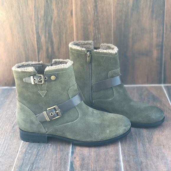 Olive Green Shearling Lining Distressed Suede Boot - Picture 3 of 4