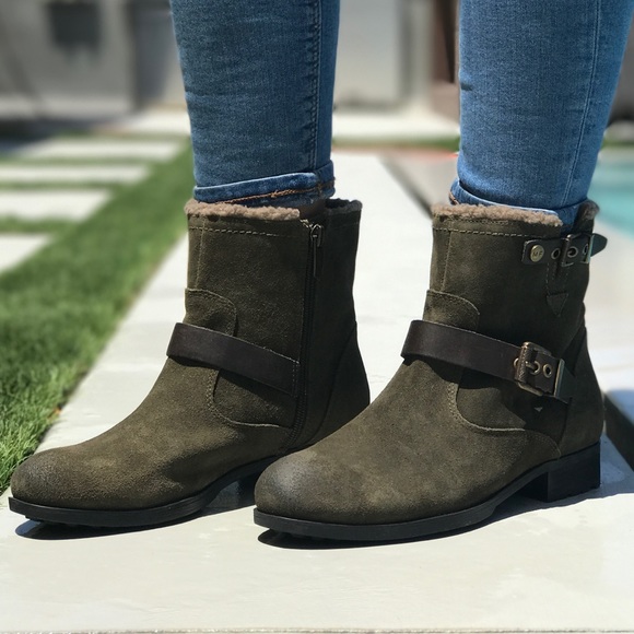 Olive Green Shearling Lining Distressed Suede Boot - Picture 2 of 4