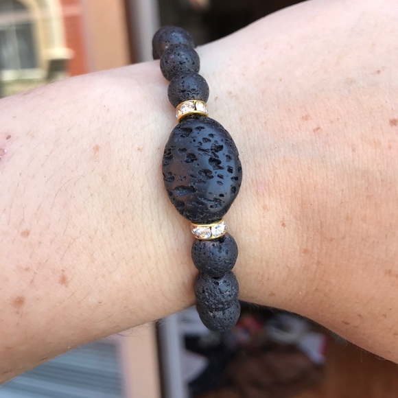 Black Lava Rock beaded stretch Bracelet - Picture 2 of 10