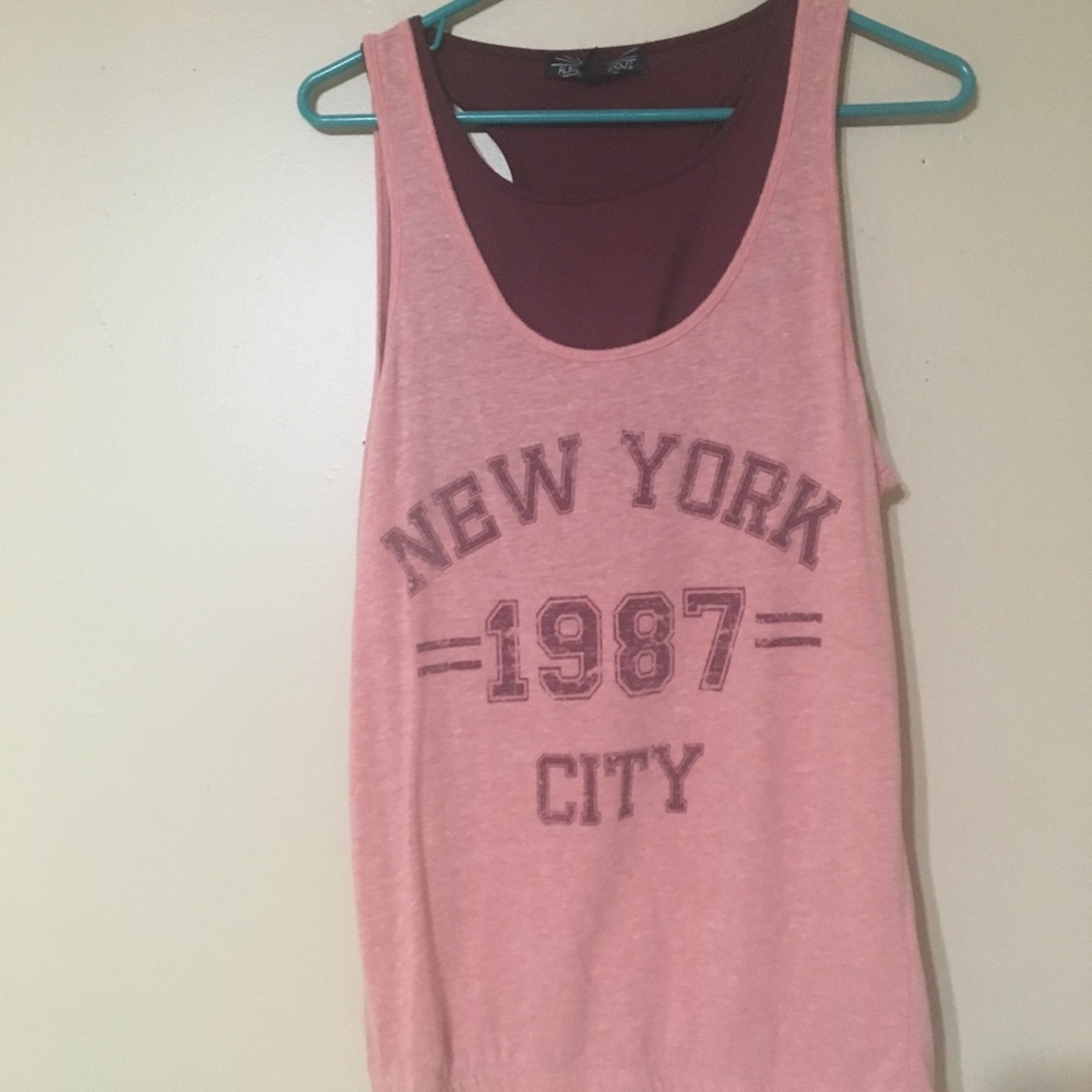 Pink New York tank, maroon sports bra sewn in.