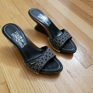 Authentic Ferragamo Blue Funky wedge mules