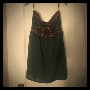 Olive green strapless dress w coral piping