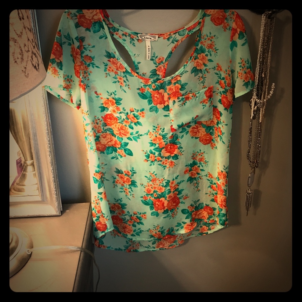 Coral and mint floral shirt