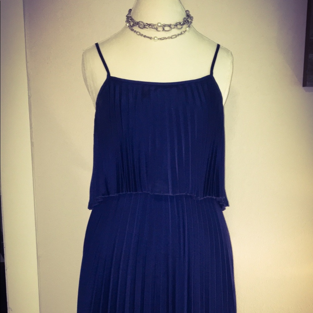 Pleated, Navy Spaghetti-strap Dress