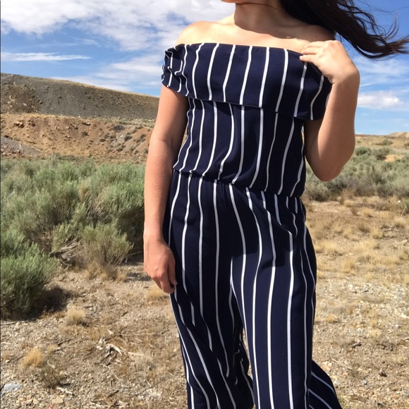 Boutique Pants - << Striped Wide Leg Jumpsuit Off Shoulder Romper >
