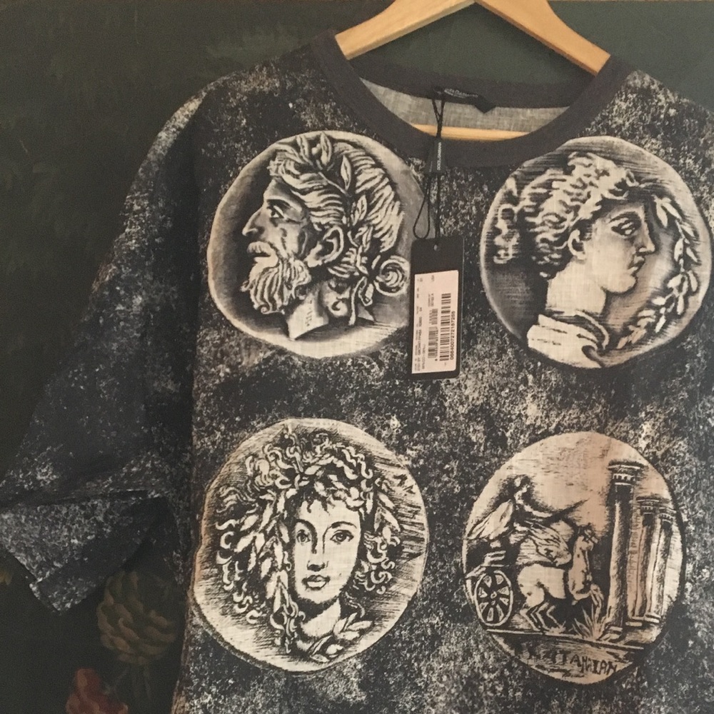 D&G Ancient Coins Print Linen-Cotton Shirt, NWT