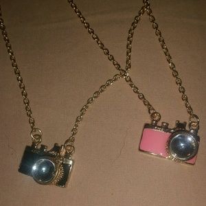 Pink Enamel Camera Pendant and Necklace