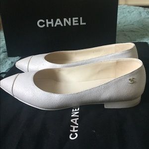 Authentic Chanel Crackled Calfskin White Flats