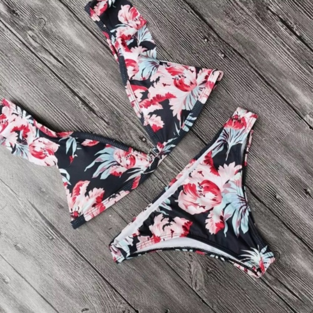 Ruffle floral cheeky Brazilian strappy bikini