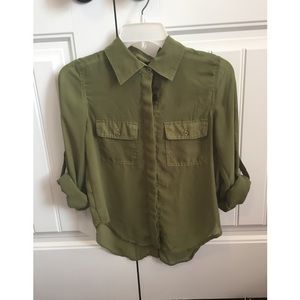 Wet Seal Button-up Olive Green Sheer Blouse