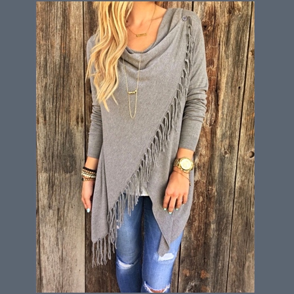 NEW Long Wrap Top Jacket With Fringe Gray - Picture 2 of 7