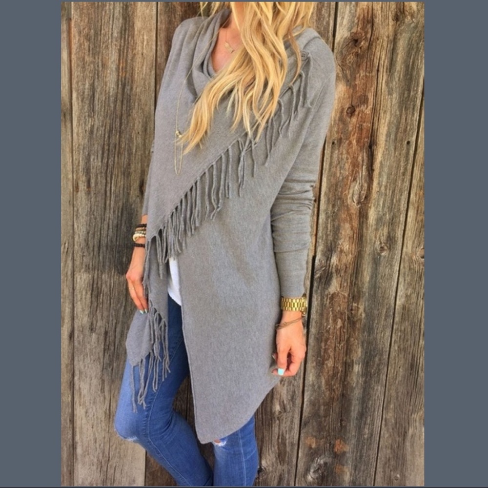 NEW Long Wrap Top Jacket With Fringe Gray - Picture 3 of 7