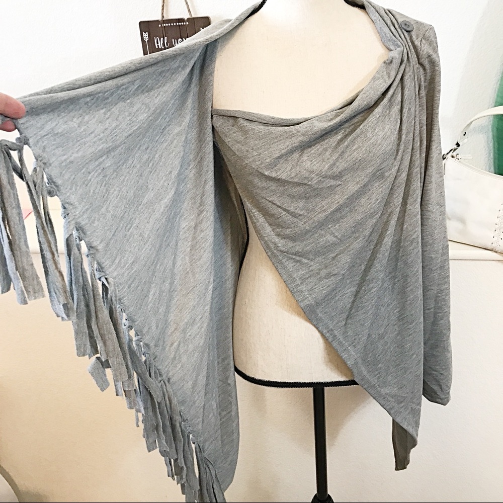NEW Long Wrap Top Jacket With Fringe Gray - Picture 4 of 7