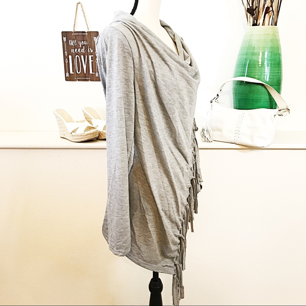 NEW Long Wrap Top Jacket With Fringe Gray - Picture 5 of 7