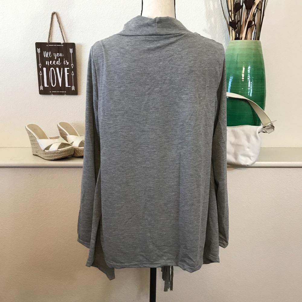NEW Long Wrap Top Jacket With Fringe Gray - Picture 6 of 7