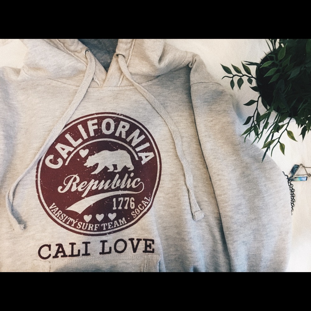 Grey and maroon California hoodie sweater.