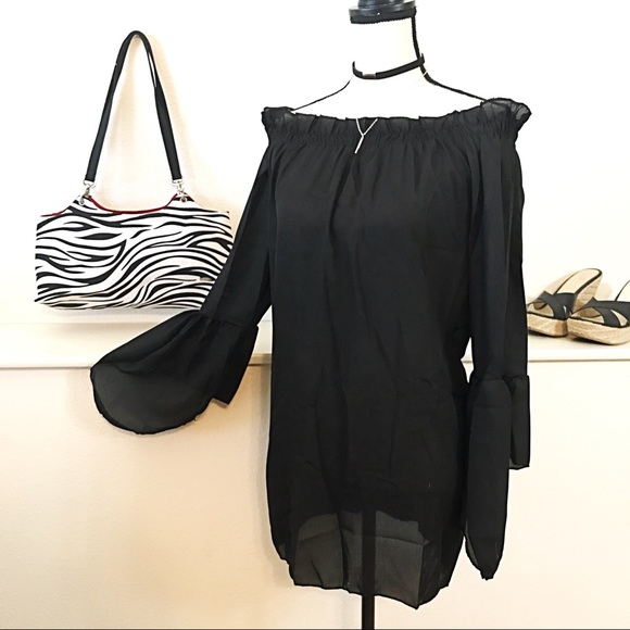NEW Off Shoulder Black Mini Dress Boho Bell Sleeve - Picture 3 of 5